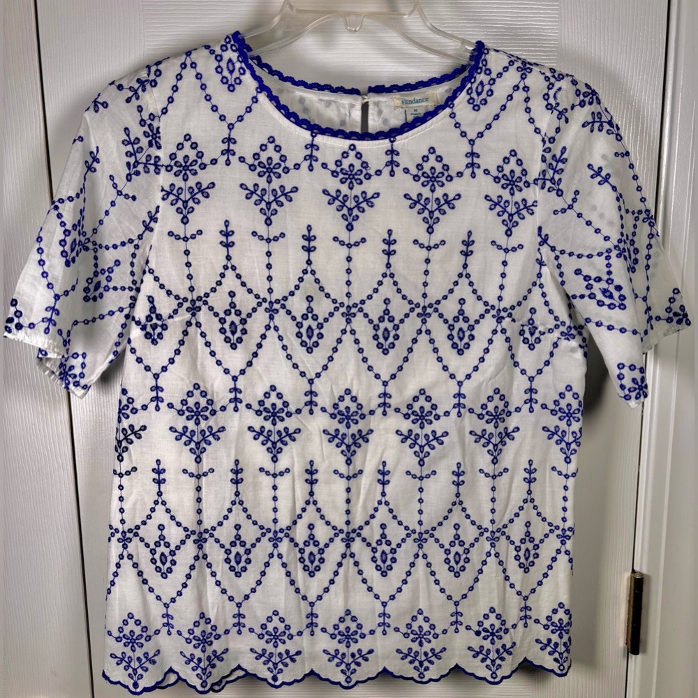 Sundance Palmera Eyelet Summer Top Blue & White Size Medium